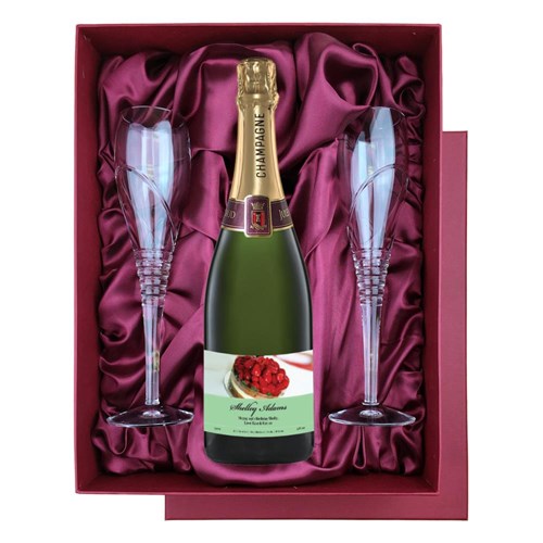 Personalised Champagne - Birthday Cake Label in Red Luxury Presentation Set With Flutes